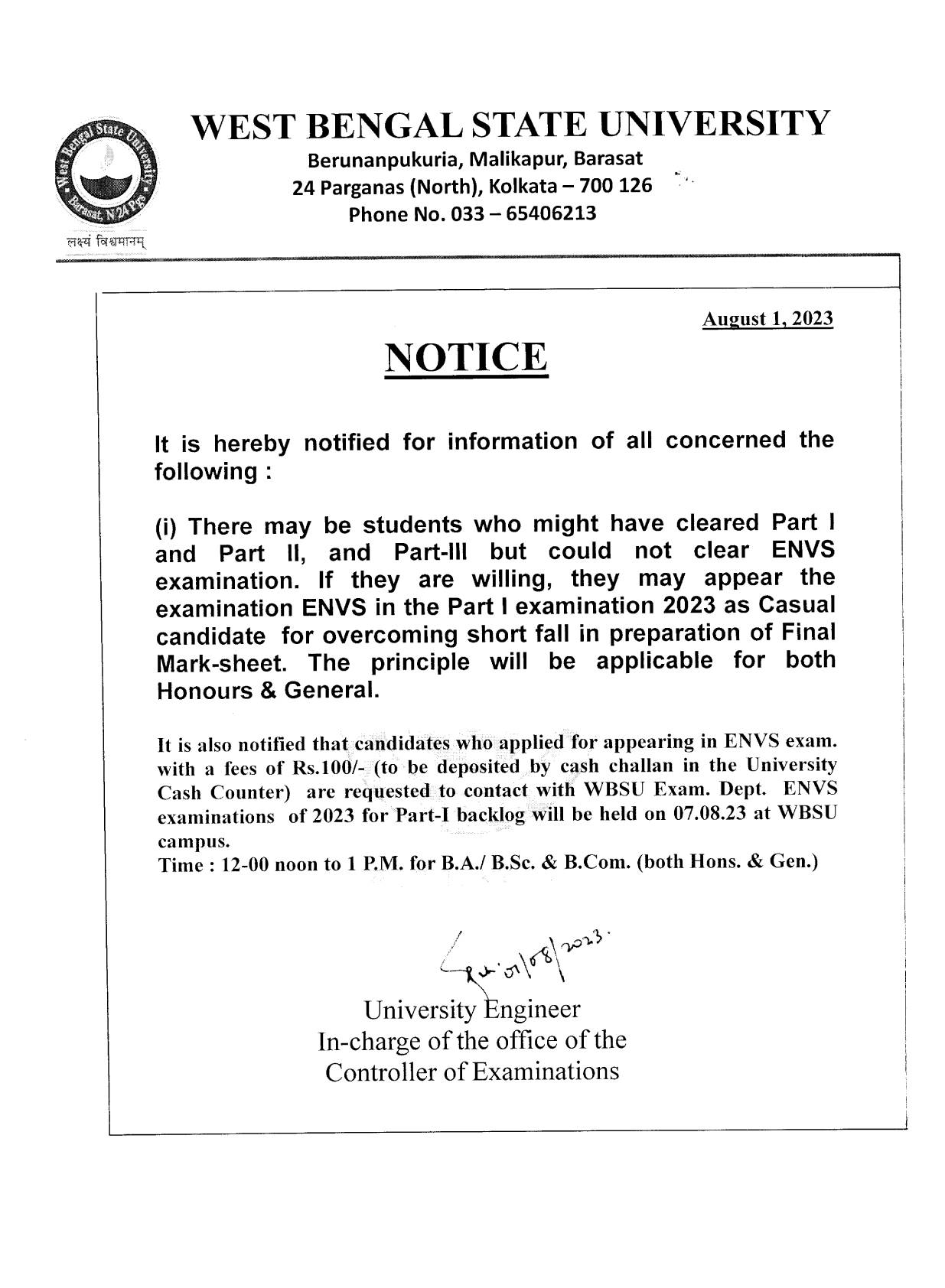 Notice for Part I Envs Exams
